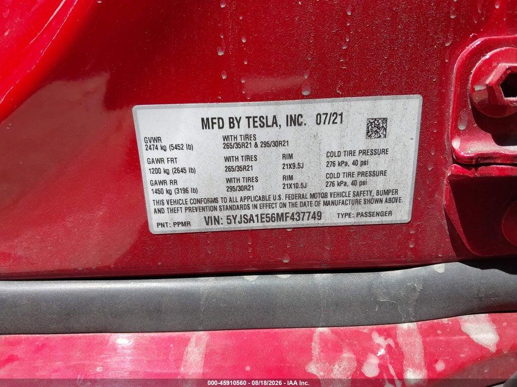 5YJSA1E56MF437749 2021 TESLA MODEL S photo no. 9