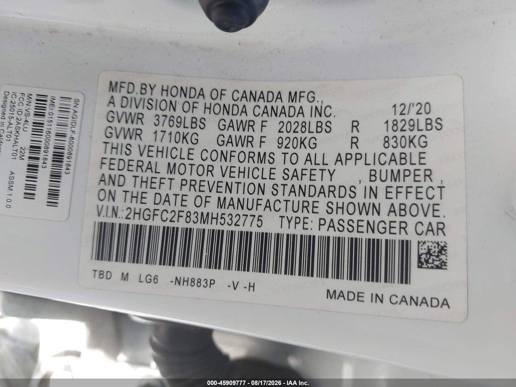 2HGFC2F83MH532775 2021 HONDA CIVIC photo no. 9