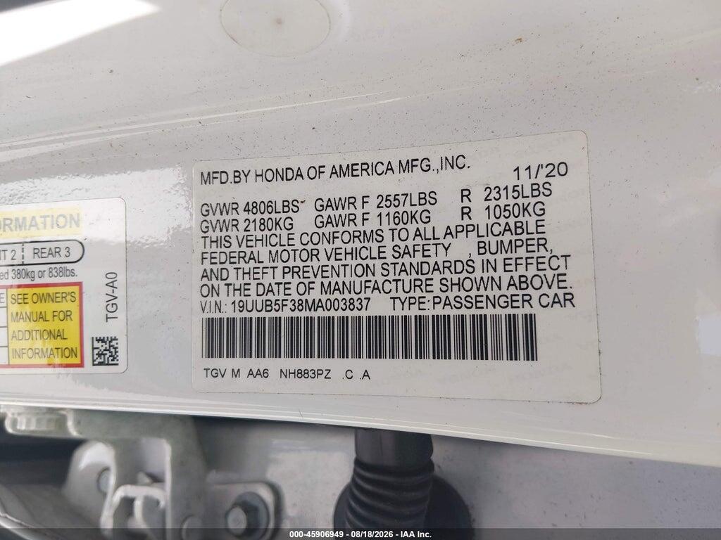 19UUB5F38MA003837 2021 ACURA TLX photo no. 9