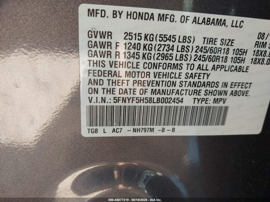 5FNYF5H58LB002454 2020 HONDA PILOT photo no. 9