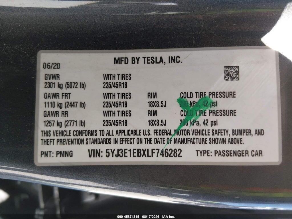 5YJ3E1EBXLF746282 2020 TESLA MODEL 3 photo no. 9