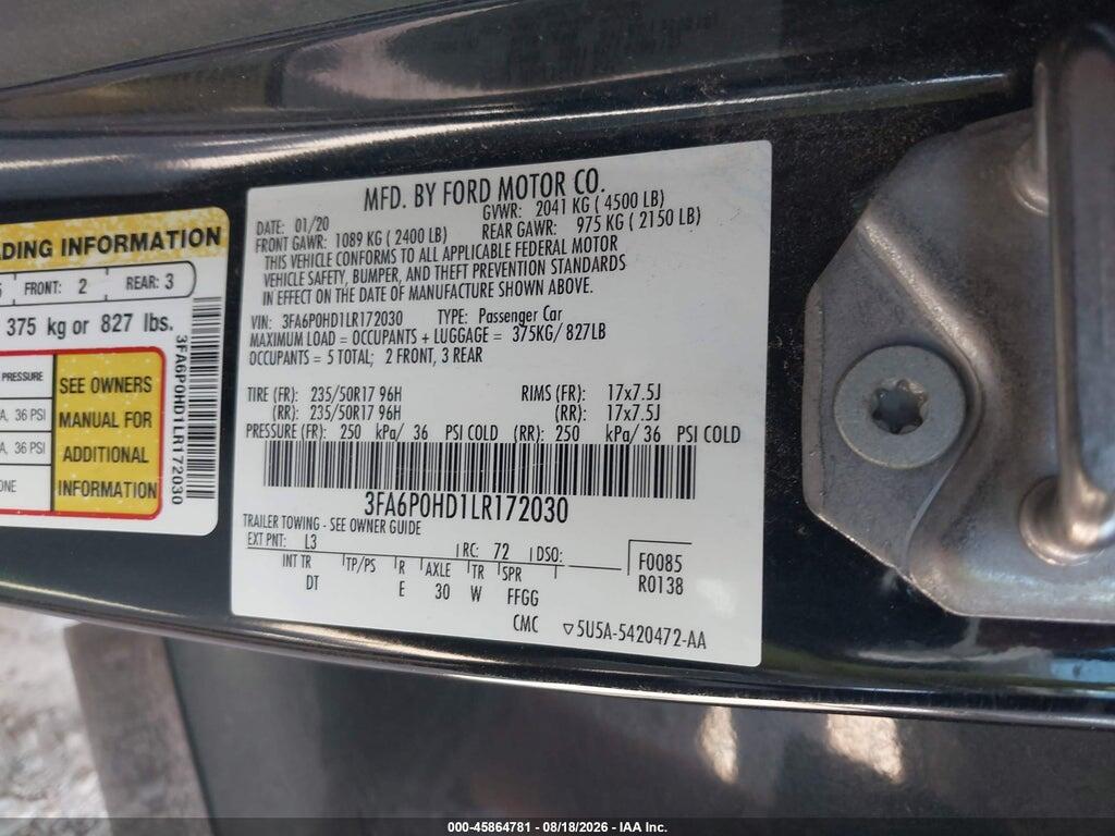 3FA6P0HD1LR172030 2020 FORD FUSION photo no. 9