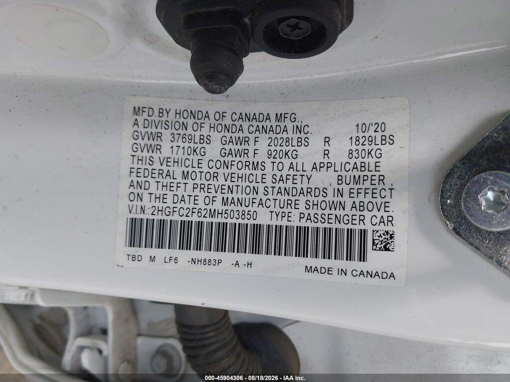 2HGFC2F62MH503850 2021 HONDA CIVIC photo no. 9