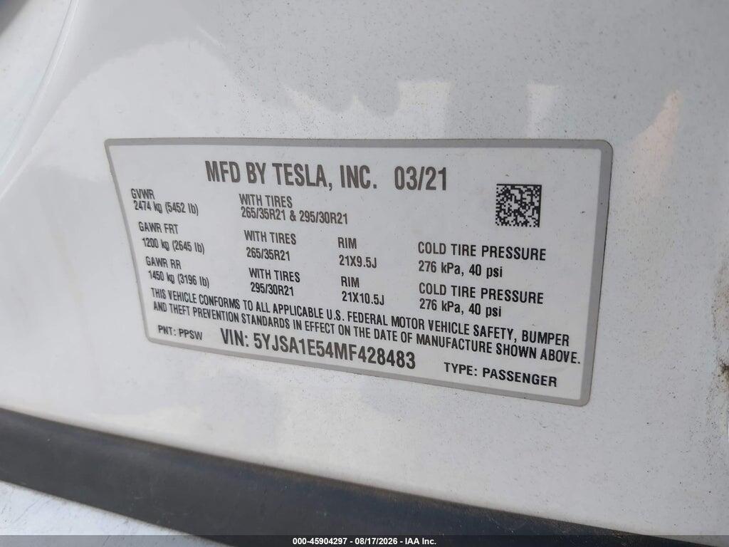 5YJSA1E54MF428483 2021 TESLA MODEL S photo no. 9