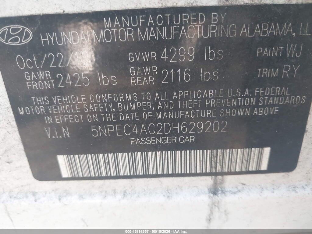 5NPEC4AC2DH629202 2013 HYUNDAI SONATA photo no. 9