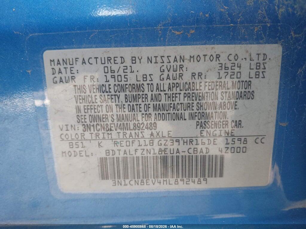 3N1CN8EV4ML892489 2021 NISSAN VERSA photo no. 9