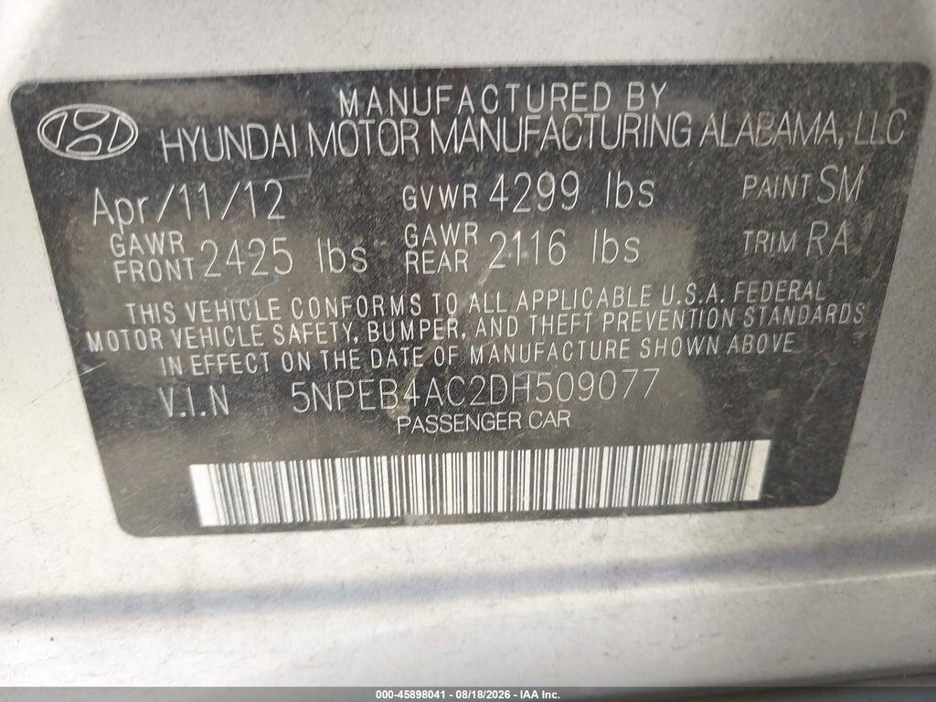 5NPEB4AC2DH509077 2013 HYUNDAI SONATA photo no. 9