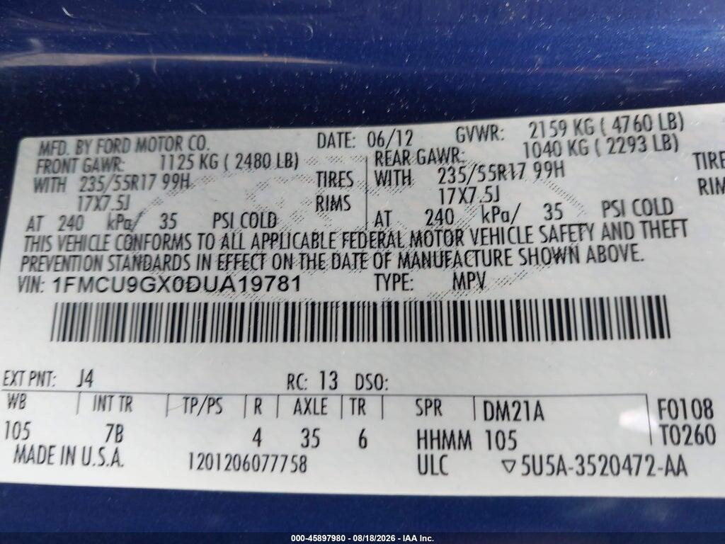 1FMCU9GX0DUA19781 2013 FORD ESCAPE photo no. 9