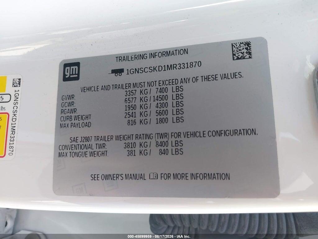 1GNSCSKD1MR331870 2021 CHEVROLET TAHOE photo no. 9