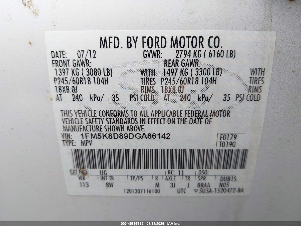 1FM5K8D89DGA86142 2013 FORD EXPLORER photo no. 9