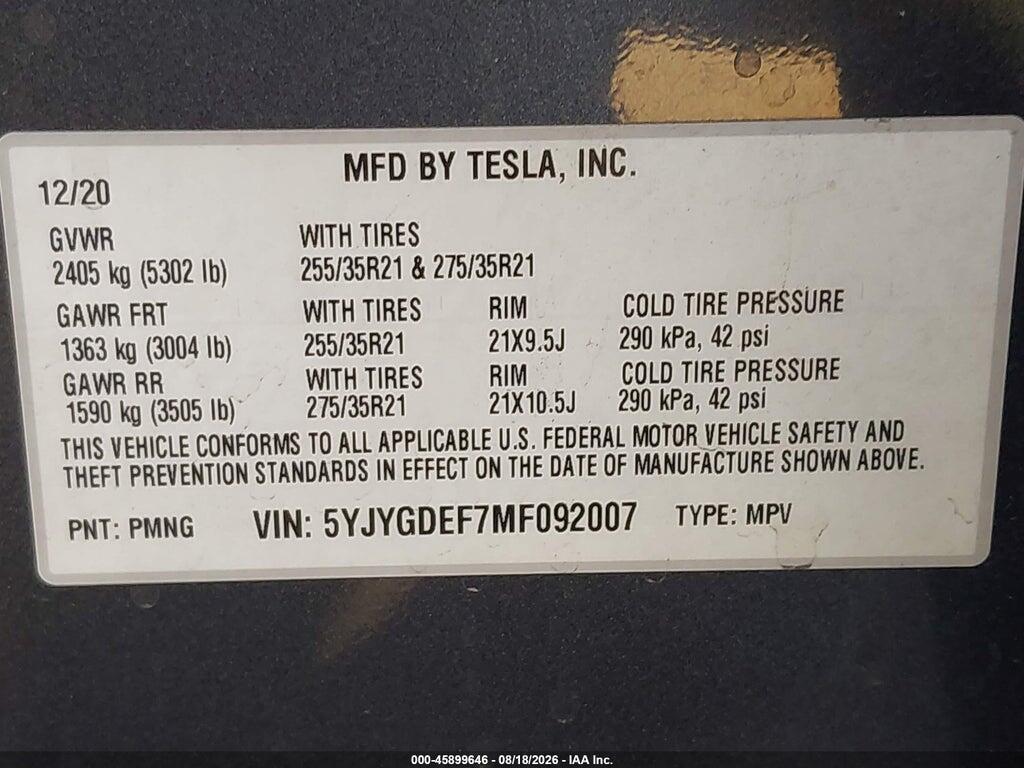 5YJYGDEF7MF092007 2021 TESLA MODEL Y photo no. 9
