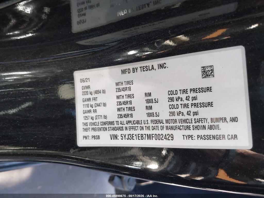5YJ3E1EB7MF002429 2021 TESLA MODEL 3 photo no. 9