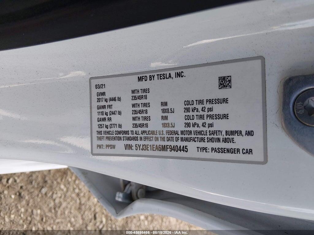 5YJ3E1EA6MF940445 2021 TESLA MODEL 3 photo no. 9