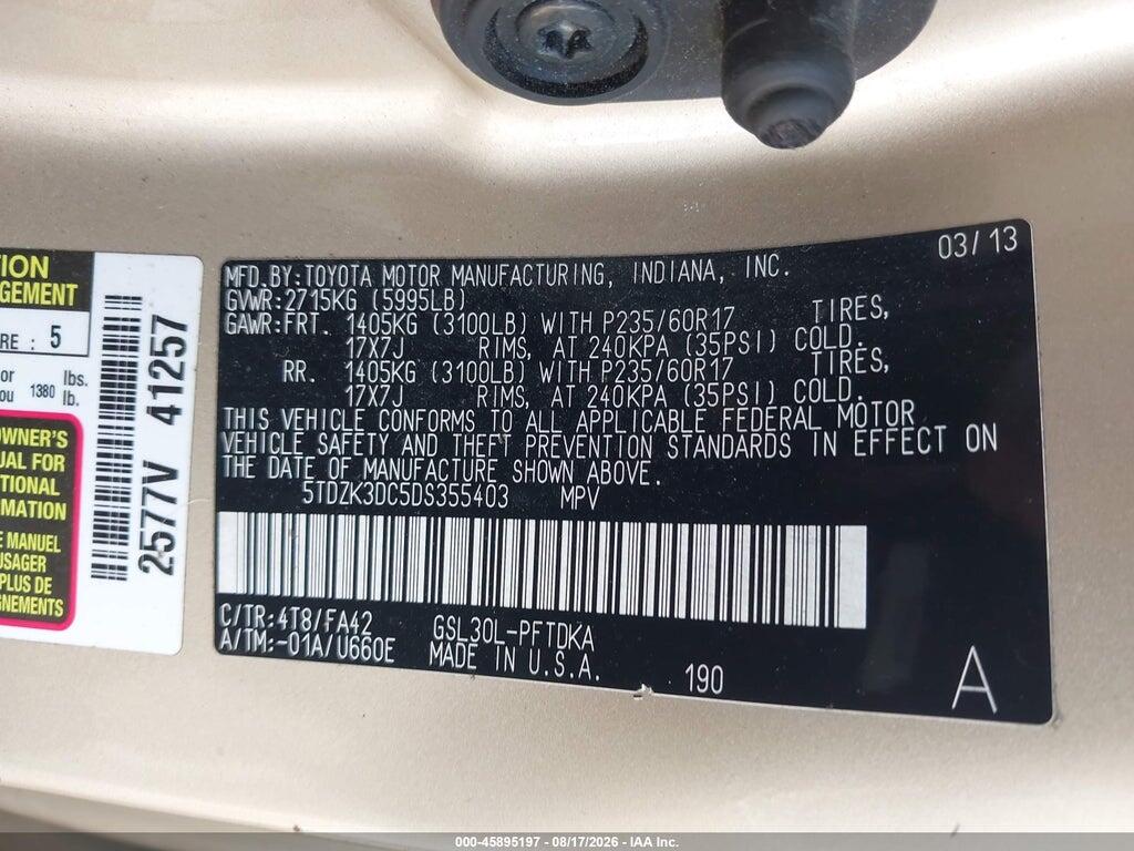 5TDZK3DC5DS355403 2013 TOYOTA SIENNA photo no. 9