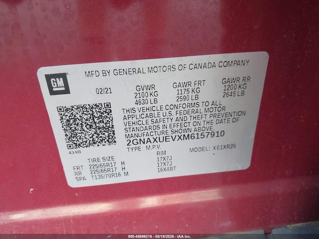 2GNAXUEVXM6157910 2021 CHEVROLET EQUINOX photo no. 9
