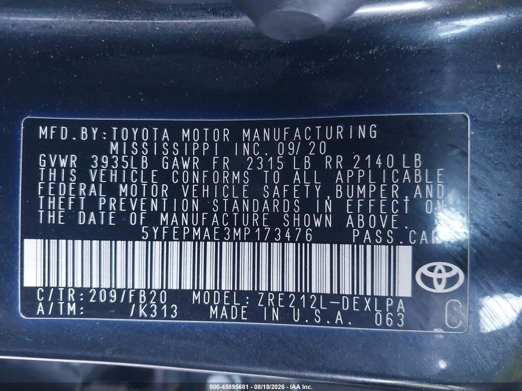 5YFEPMAE3MP173476 2021 TOYOTA COROLLA photo no. 9