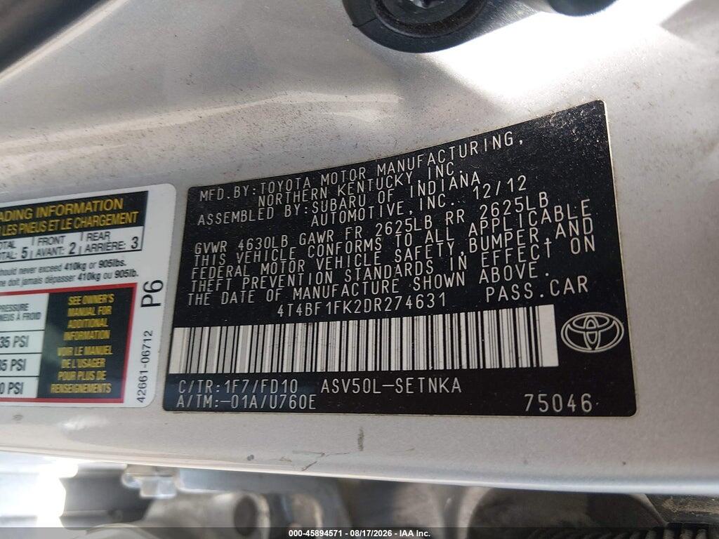 4T4BF1FK2DR274631 2013 TOYOTA CAMRY photo no. 9