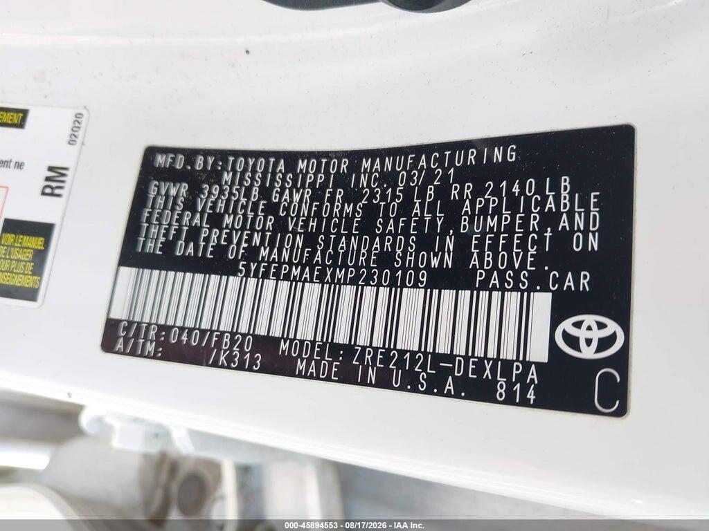 5YFEPMAEXMP230109 2021 TOYOTA COROLLA photo no. 9