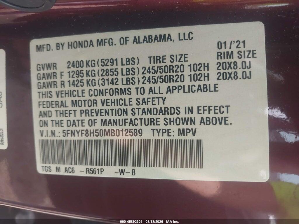 5FNYF8H50MB012589 2021 HONDA PASSPORT photo no. 9