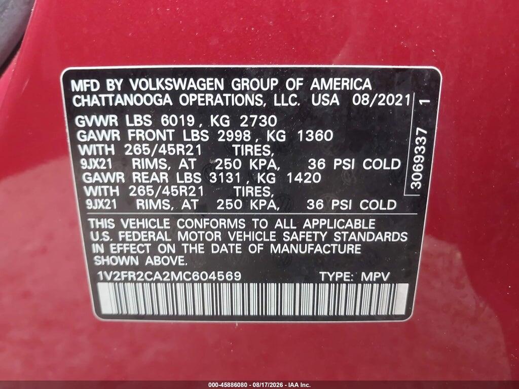 1V2FR2CA2MC604569 2021 VOLKSWAGEN ATLAS photo no. 9