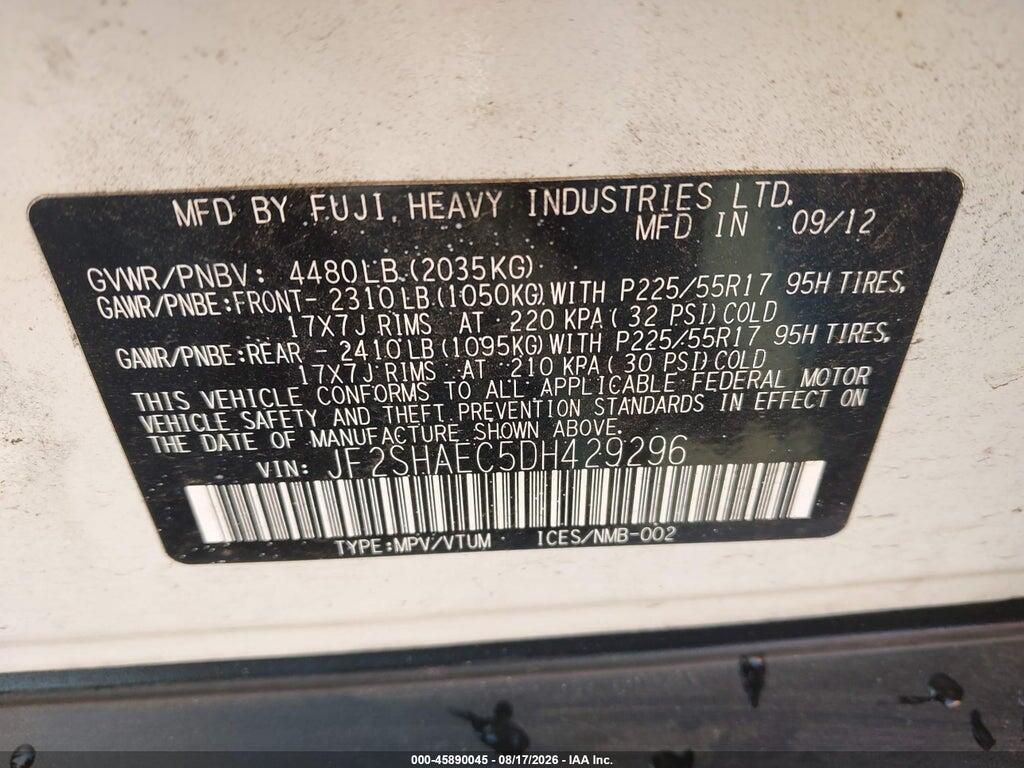 JF2SHAEC5DH429296 2013 SUBARU FORESTER photo no. 9
