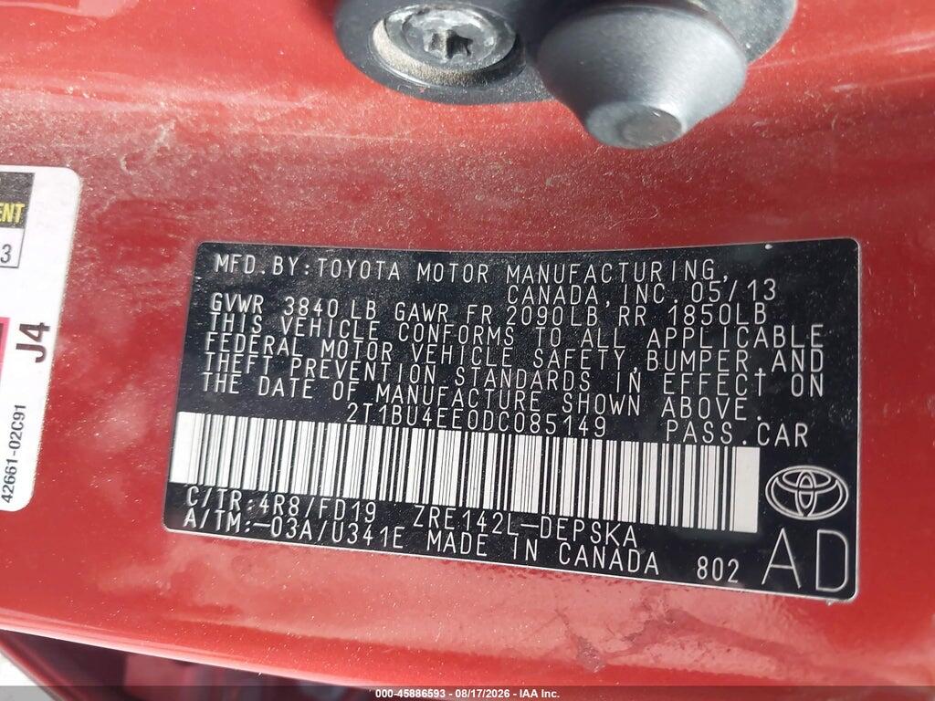 2T1BU4EE0DC085149 2013 TOYOTA COROLLA photo no. 9