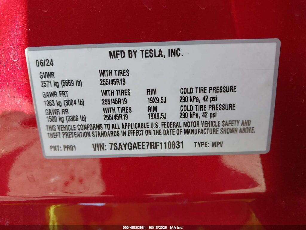 7SAYGAEE7RF110831 2024 TESLA MODEL Y photo no. 9