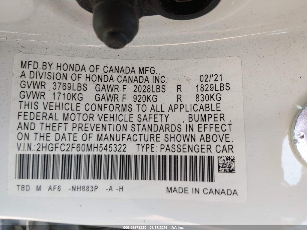 2HGFC2F60MH545322 2021 HONDA CIVIC photo no. 9