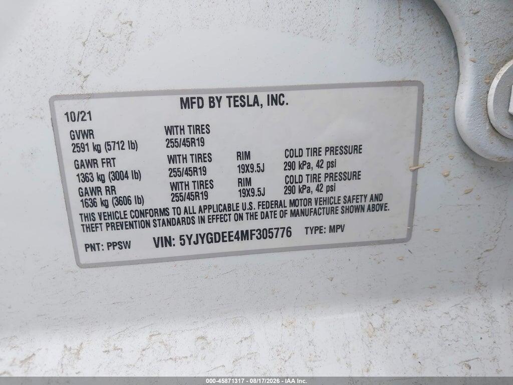 5YJYGDEE4MF305776 2021 TESLA MODEL Y photo no. 9
