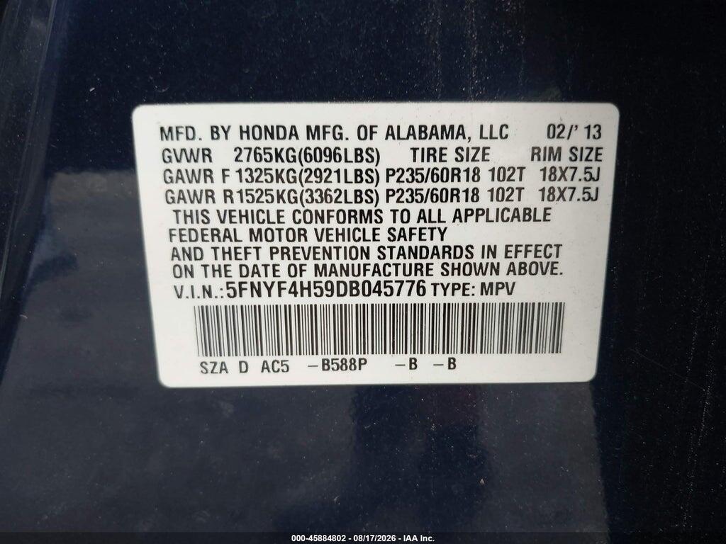 5FNYF4H59DB045776 2013 HONDA PILOT photo no. 9