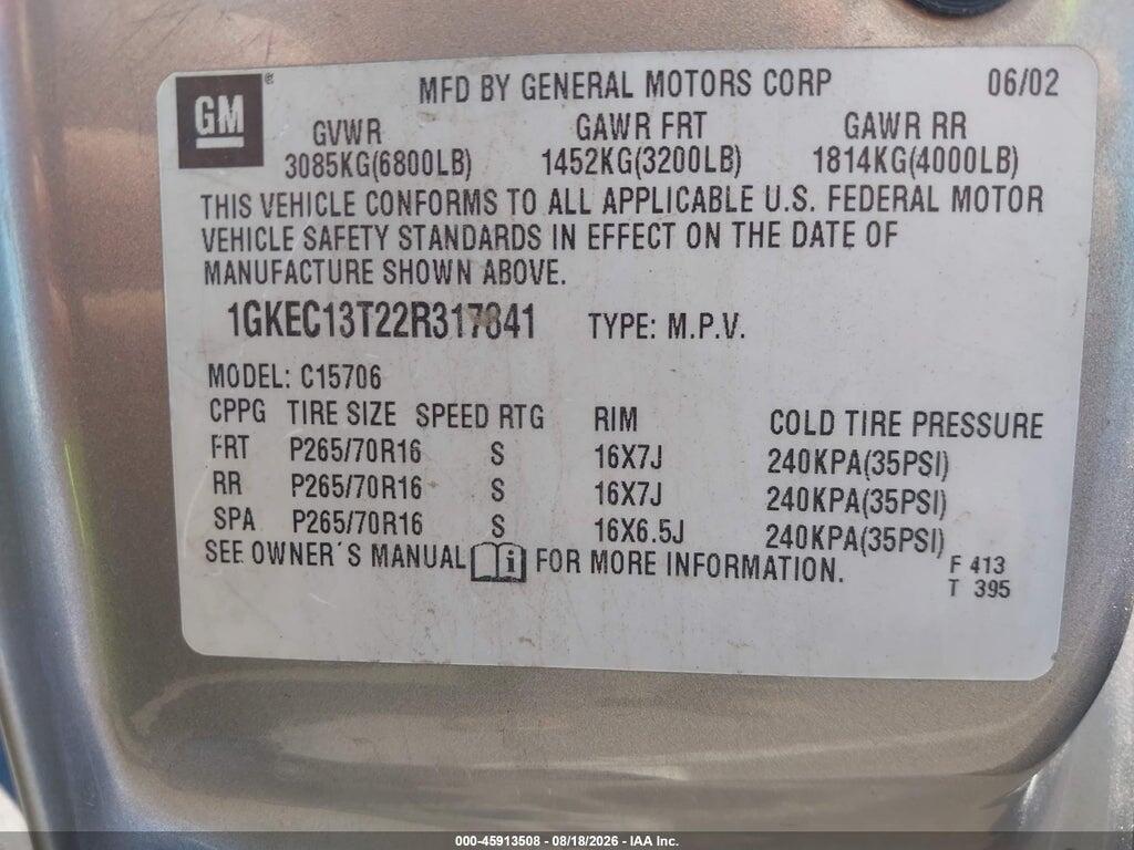 1GKEC13T22R317841 2002 GMC YUKON photo no. 9