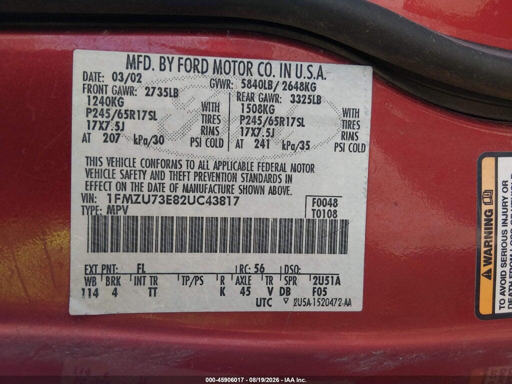 1FMZU73E82UC43817 2002 FORD EXPLORER photo no. 9