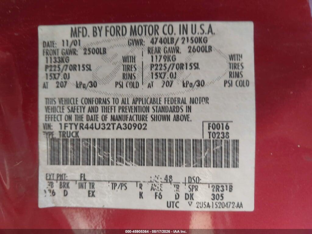 1FTYR44U32TA30902 2002 FORD RANGER photo no. 9