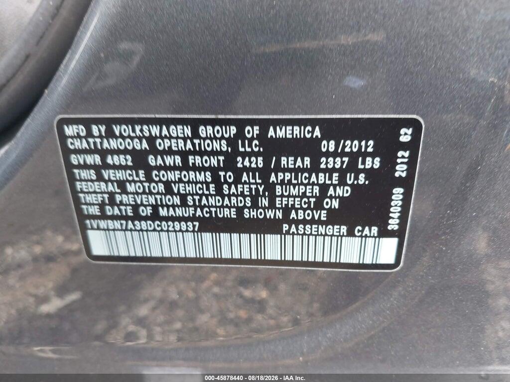 1VWBN7A38DC029937 2013 VOLKSWAGEN PASSAT photo no. 9