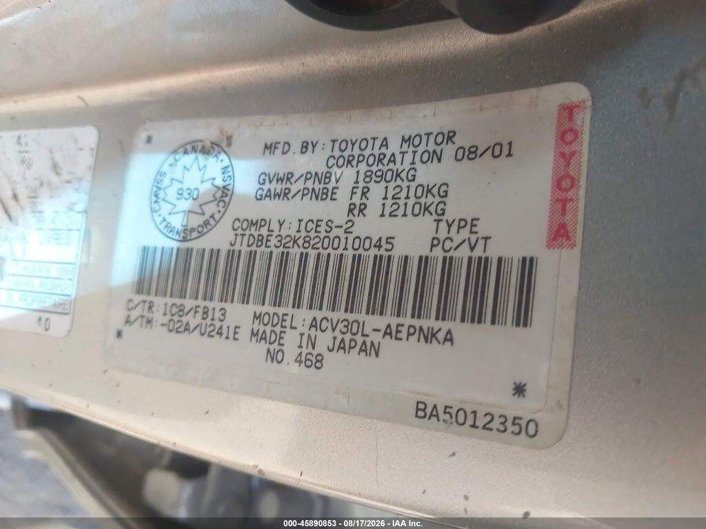 JTDBE32K820010045 2002 TOYOTA CAMRY photo no. 9
