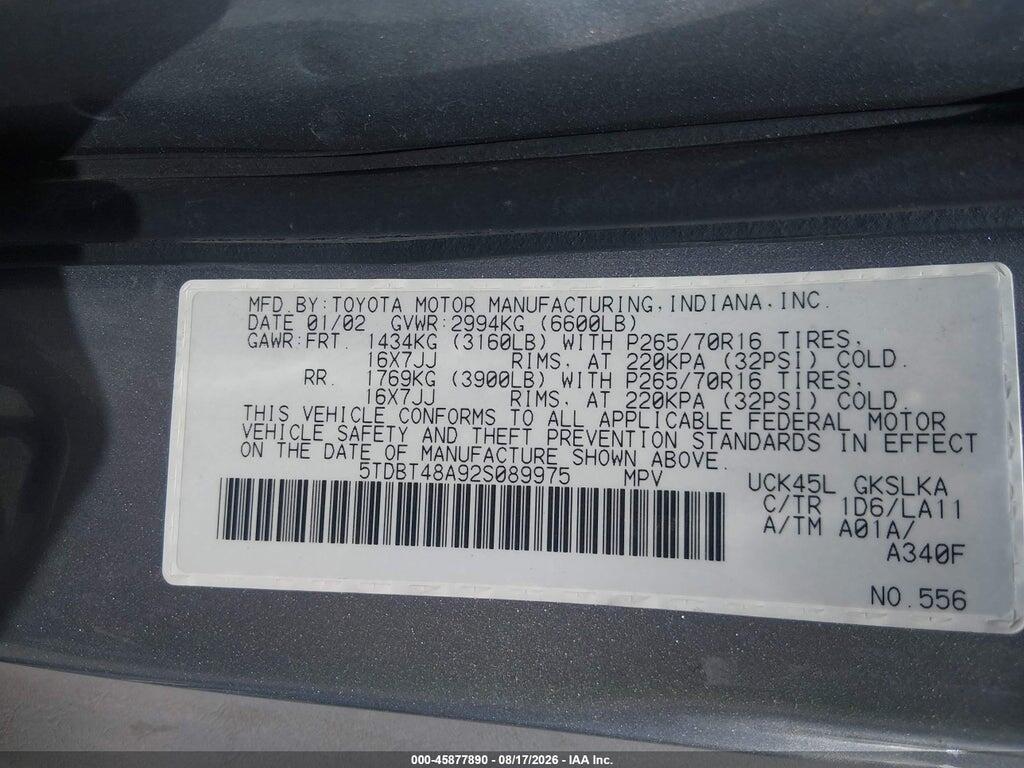 5TDBT48A92S089975 2002 TOYOTA SEQUOIA photo no. 9