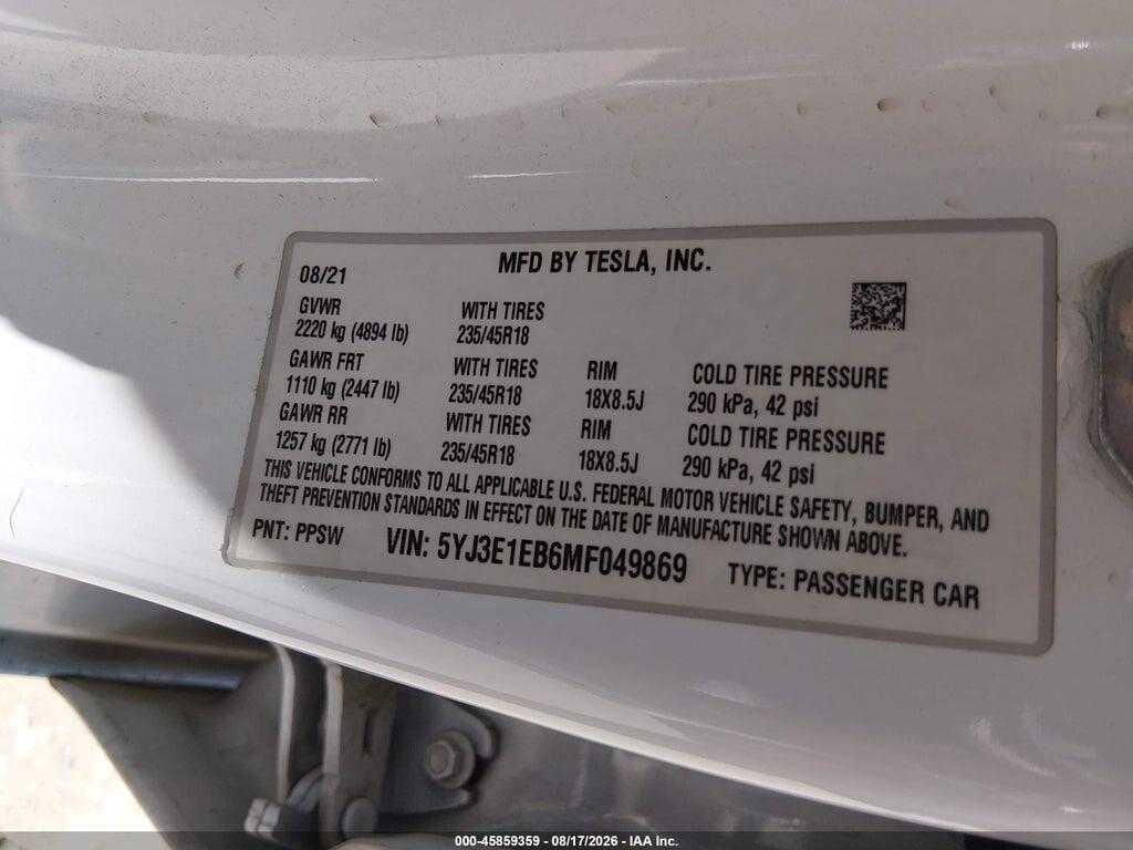 5YJ3E1EB6MF049869 2021 TESLA MODEL 3 photo no. 9