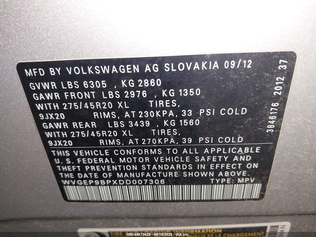 WVGEP9BPXDD007306 2013 VOLKSWAGEN TOUAREG photo no. 9