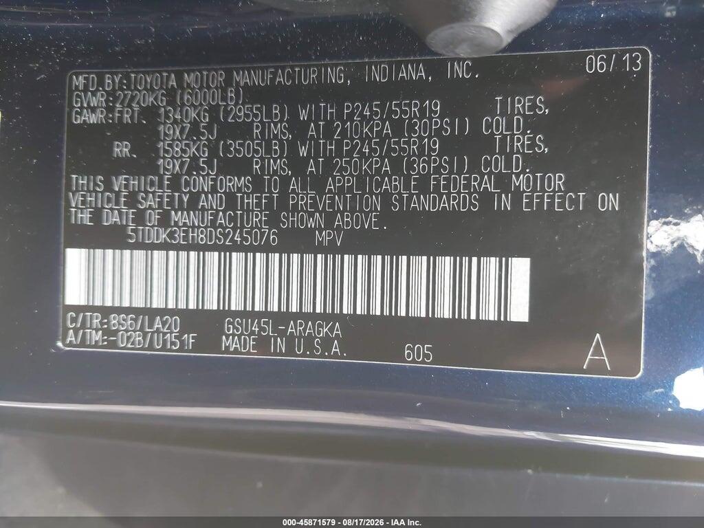 5TDDK3EH8DS245076 2013 TOYOTA HIGHLANDER photo no. 9