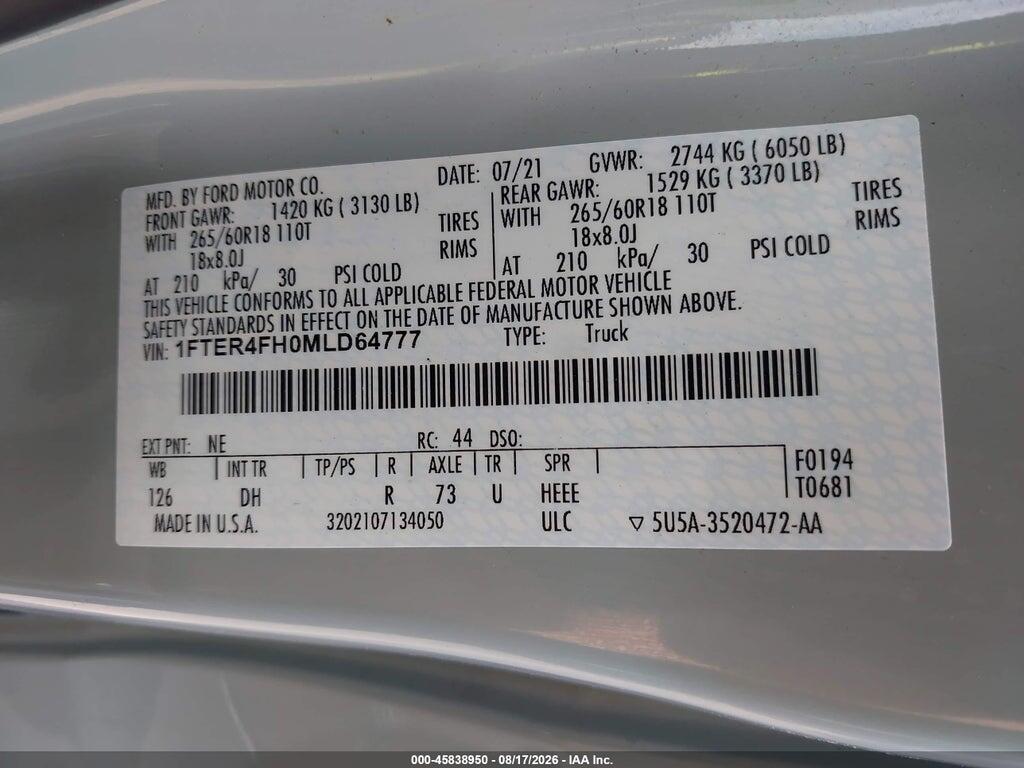1FTER4FH0MLD64777 2021 FORD RANGER photo no. 9