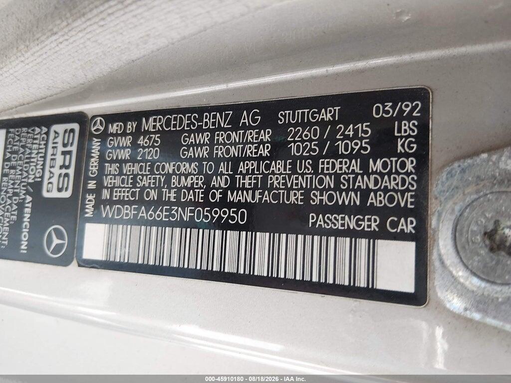 WDBFA66E3NF059950 1992 MERCEDES-BENZ 500 photo no. 9