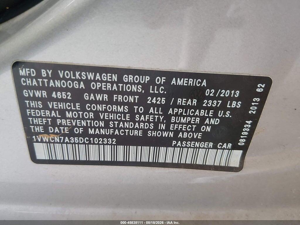 1VWCN7A35DC102332 2013 VOLKSWAGEN PASSAT photo no. 9