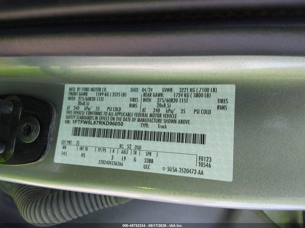 1FTFW5L87RKD96050 2024 FORD F-150 photo no. 9