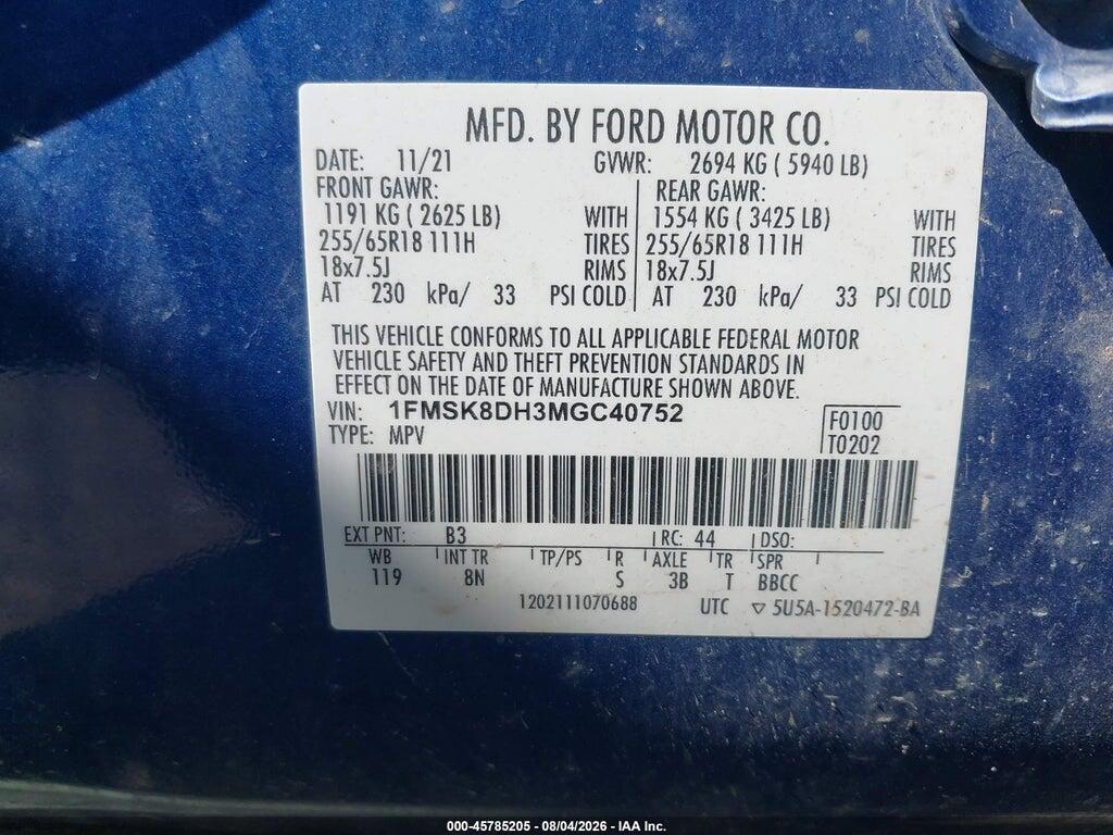 1FMSK8DH3MGC40752 2021 FORD EXPLORER photo no. 9