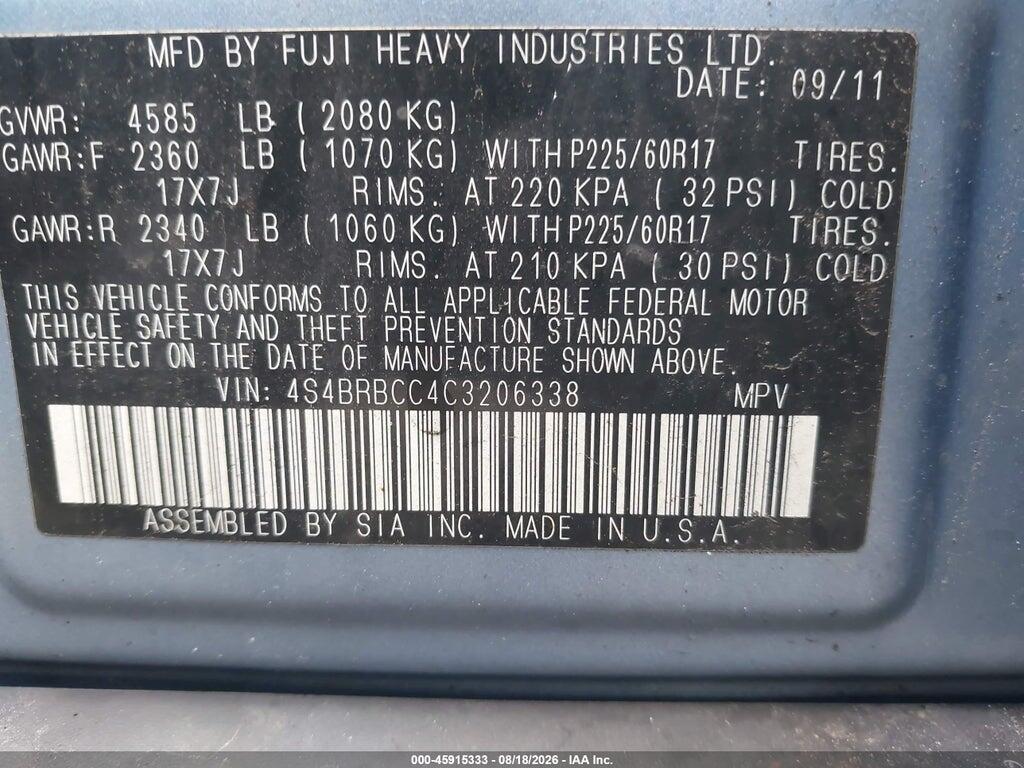 4S4BRBCC4C3206338 2012 SUBARU OUTBACK photo no. 9