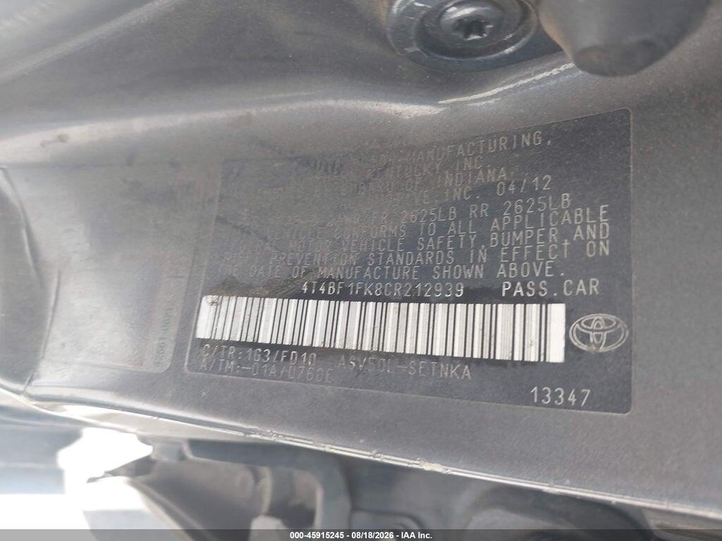 4T4BF1FK8CR212939 2012 TOYOTA CAMRY photo no. 9