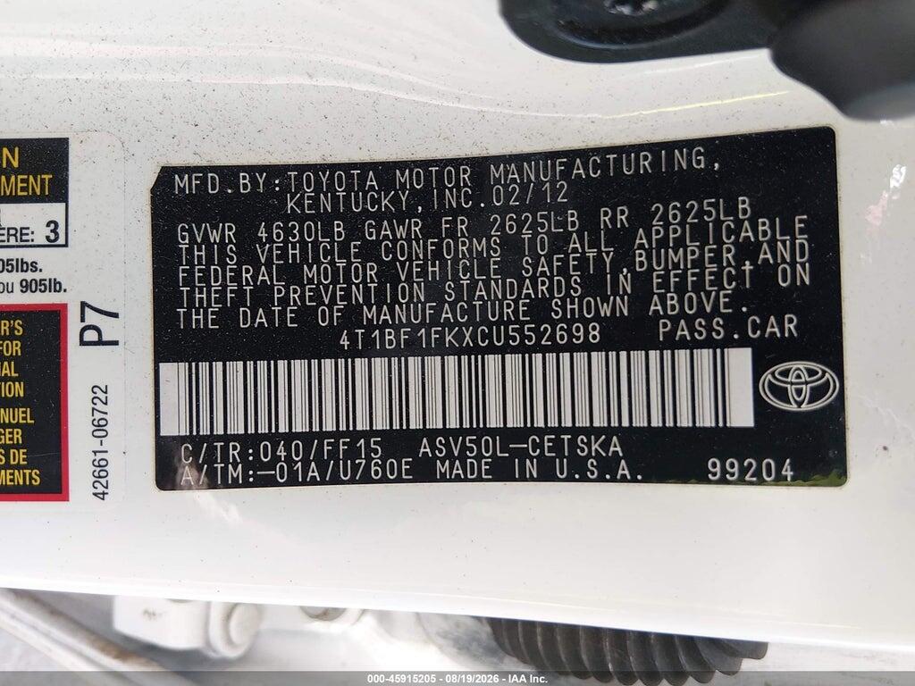 4T1BF1FKXCU552698 2012 TOYOTA CAMRY photo no. 9