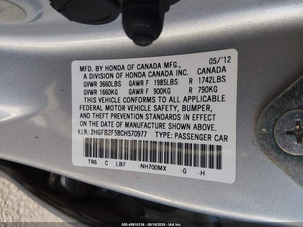 2HGFB2F58CH570977 2012 HONDA CIVIC photo no. 9