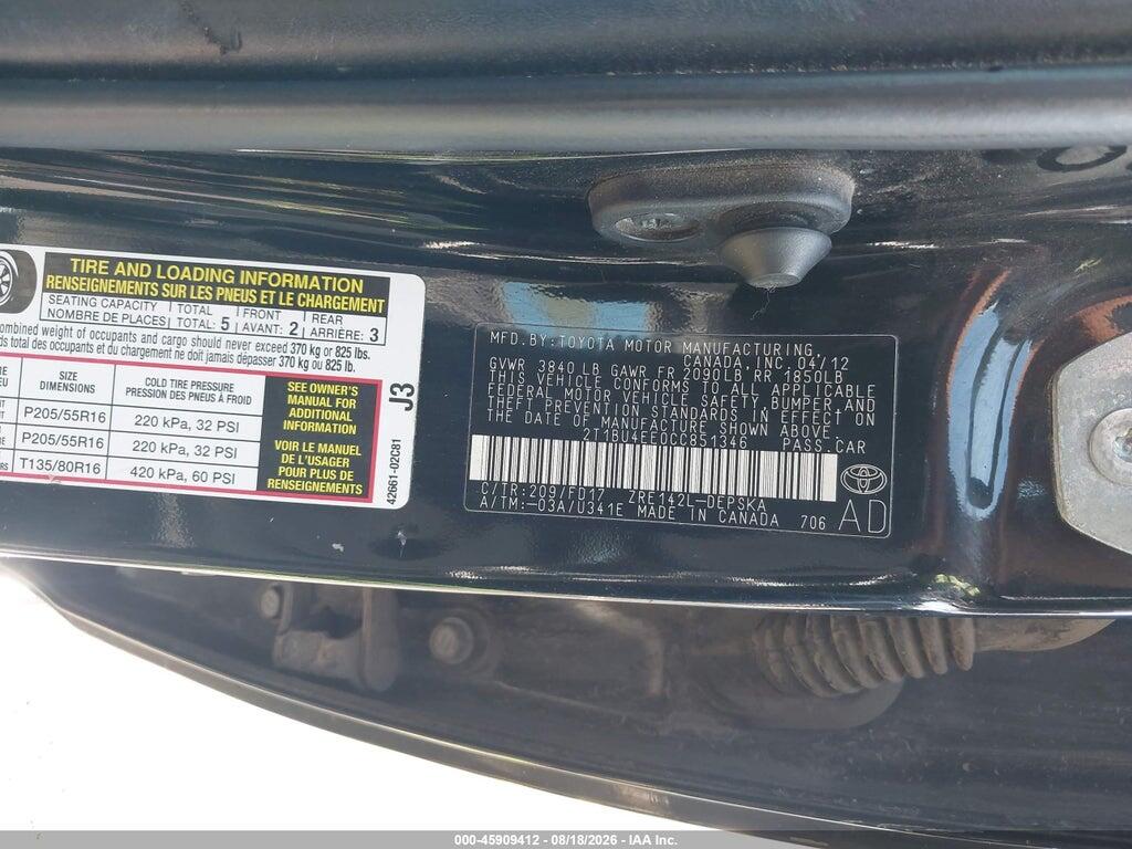 2T1BU4EE0CC851346 2012 TOYOTA COROLLA photo no. 9