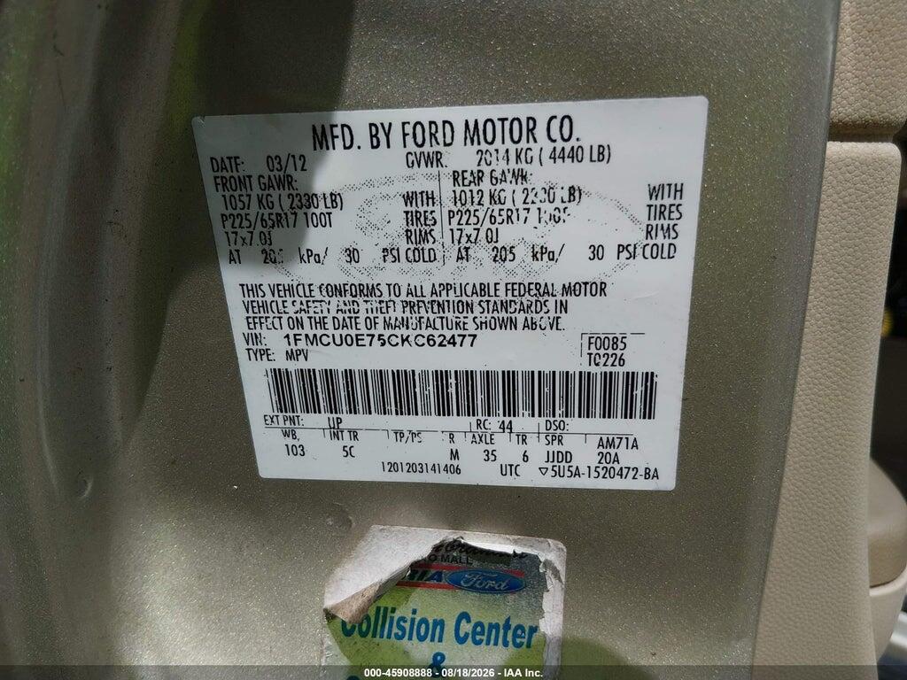 1FMCU0E75CKC62477 2012 FORD ESCAPE photo no. 9